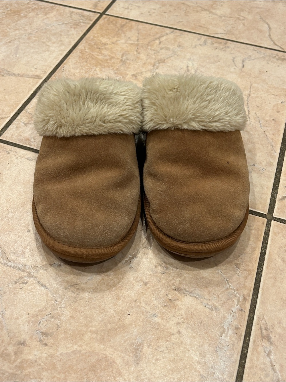 Clarks Brown Suede leather Slide Slippers with Cream Faux-Shearling Cuff